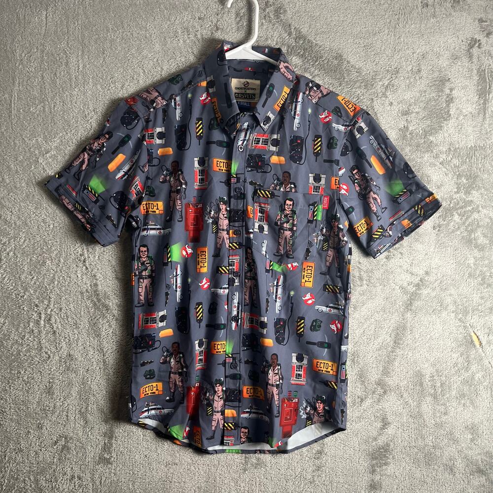 RSVLTS Ghostbusters Ain't Afraid Button Down Short Sleeve Shirt Men’s XS Gray